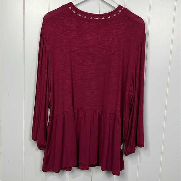 Nurture Womens Knit Tunic 2X Wine Red Pullover Embroidery Peplum Hem Soft Casual - Picture 11 of 14